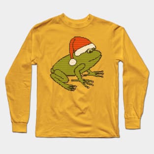 Knitted Frog Wearing Christmas Santa Hat Long Sleeve T-Shirt